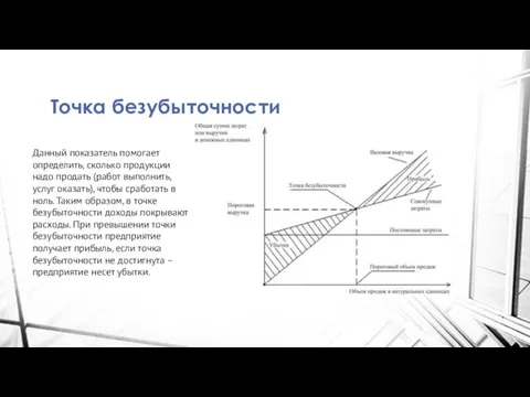 Точка безубыточности Данный показатель помогает определить, сколько продукции надо продать (работ