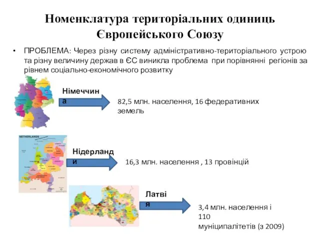 Номенклатура територіальних одиниць Європейського Союзу ПРОБЛЕМА: Через різну систему адміністративно-територіального устрою