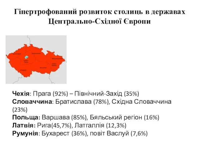 Гіпертрофований розвиток столиць в державах Центрально-Східної Європи Чехія: Прага (92%) –