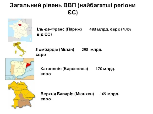 Загальний рівень ВВП (найбагатші регіони ЄС) Іль-де-Франс (Париж) 483 млрд. євро