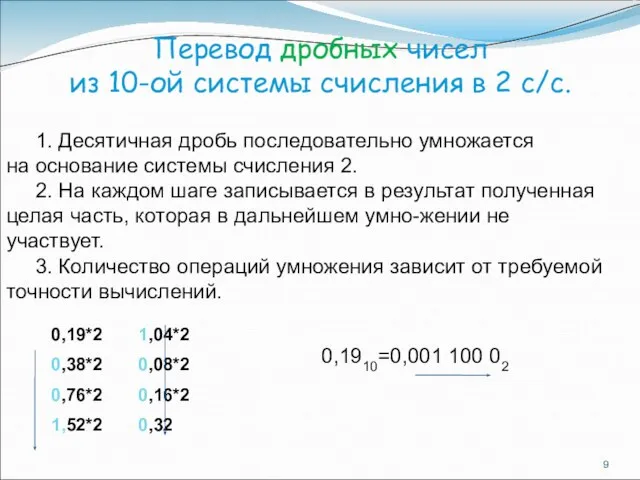 1. Десятичная дробь последовательно умножается на основание системы счисления 2. 2.