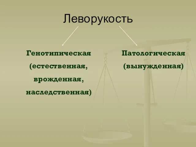 Леворукость Генотипическая (естественная, врожденная, наследственная) Патологическая (вынужденная)