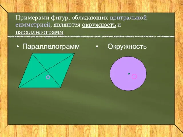 Примерами фигур, обладающих центральной симметрией, являются окружность и параллелограмм Параллелограмм Окружность о О