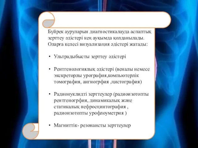 Бүйрек ауруларын диагностикалауда аспаптық зерттеу әдістері кең ауқымда қолданылады. Оларға келесі