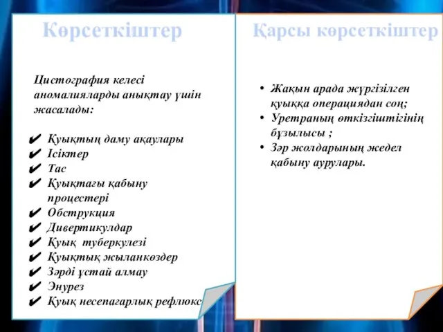 Цистография келесі аномалияларды анықтау үшін жасалады: Қуықтың даму ақаулары Ісіктер Тас