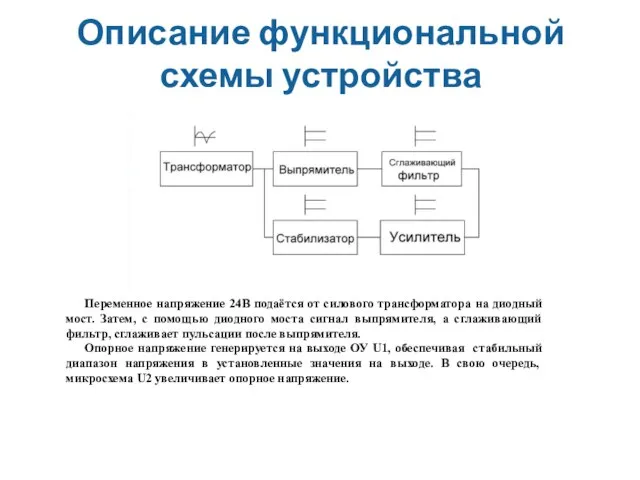 Описание функциональной схемы устройства Переменное напряжение 24В подаётся от силового трансформатора