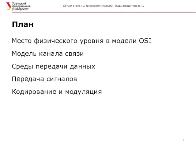 Сети и системы телекоммуникаций. Физический уровень Место физического уровня в модели