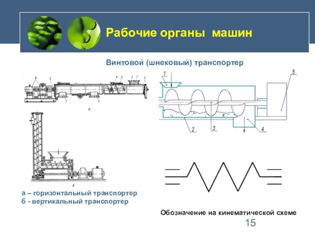 Винтовой (шнековый) транспортер Обозначение на кинематической схеме а – горизонтальный транспортер