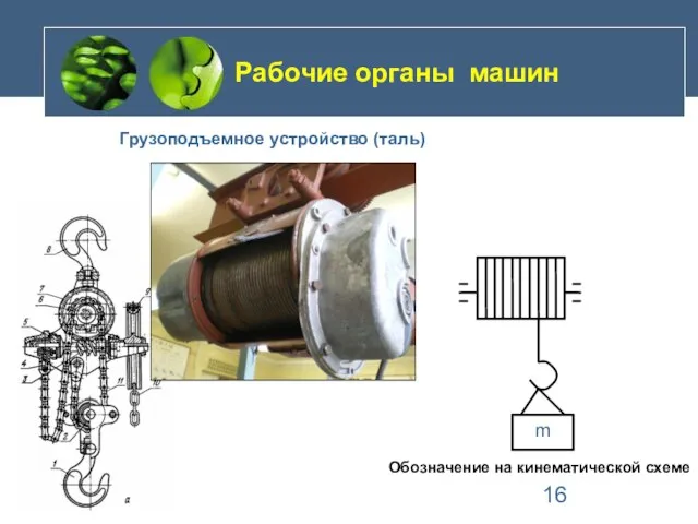 Рабочие органы машин Грузоподъемное устройство (таль) Обозначение на кинематической схеме