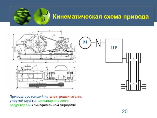 Кинематическая схема привода Привод, состоящий из электродвигателя, упругой муфты, цилиндрического редуктора и клиноременной передачи