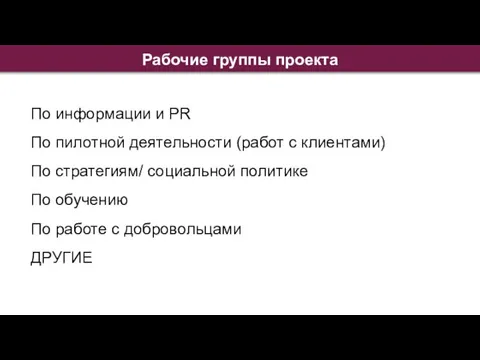 Рабочие группы проекта По информации и PR По пилотной деятельности (работ