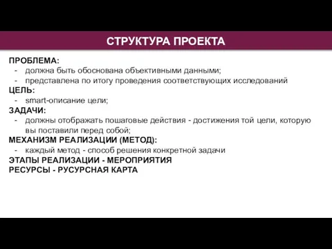 СТРУКТУРА ПРОЕКТА ПРОБЛЕМА: должна быть обоснована объективными данными; представлена по итогу