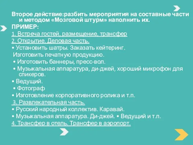 Второе действие:разбить мероприятия на составные части и методом «Мозговой штурм» наполнить