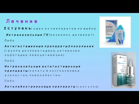 Лечение 2 ступень: один из препаратов на выбор Интраназальные ГК (назонекс,