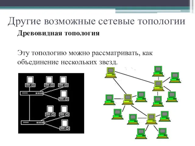 Другие возможные сетевые топологии Древовидная топология Эту топологию можно рассматривать, как объединение нескольких звезд.