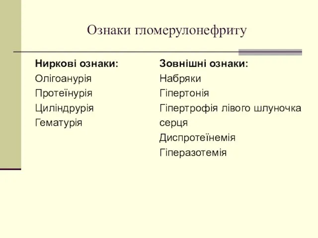 Ознаки гломерулонефриту Ниркові ознаки: Олігоанурія Протеїнурія Циліндрурія Гематурія Зовнішні ознаки: Набряки