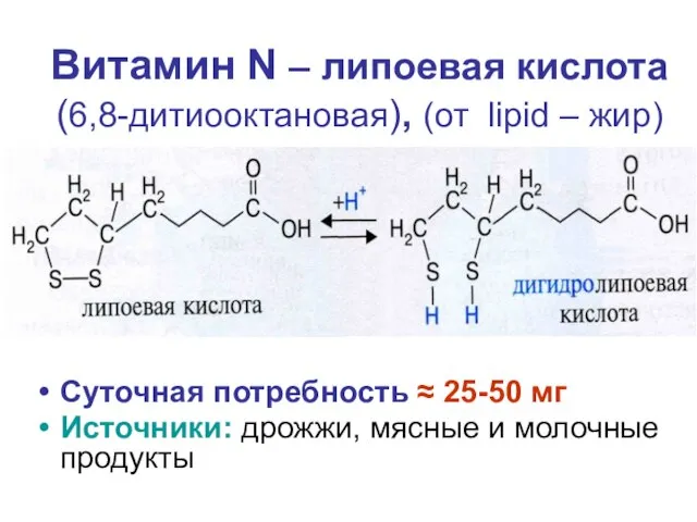 Витамин N – липоевая кислота (6,8-дитиооктановая), (от lipid – жир) Суточная