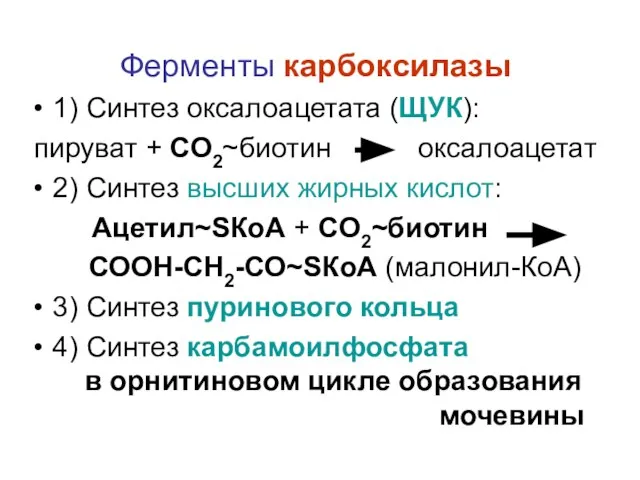 Ферменты карбоксилазы 1) Синтез оксалоацетата (ЩУК): пируват + СО2~биотин оксалоацетат 2)