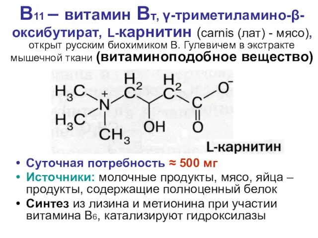 B11 – витамин Bт, γ-триметиламино-β-оксибутират, L-карнитин (carnis (лат) - мясо), открыт