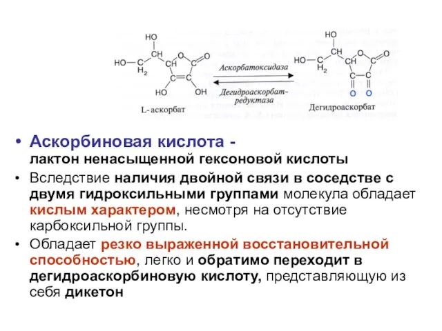 Аскорбиновая кислота - лактон ненасыщенной гексоновой кислоты Вследствие наличия двойной связи