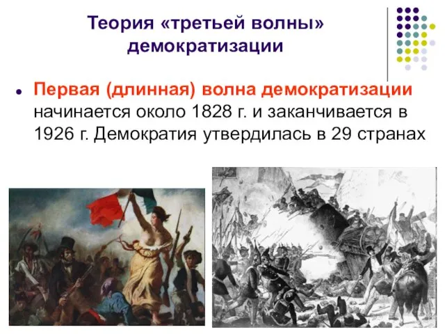 Теория «третьей волны» демократизации Первая (длинная) волна демократизации начинается около 1828