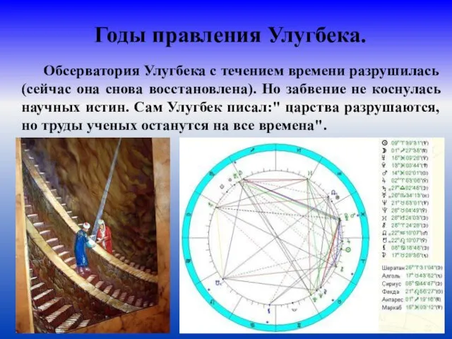 Годы правления Улугбека. Обсерватория Улугбека с течением времени разрушилась (сейчас она