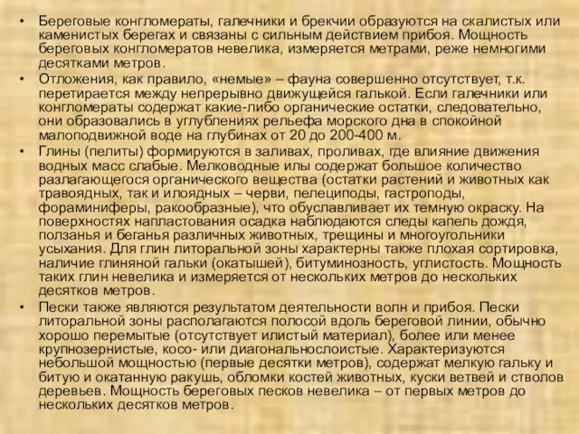 Береговые конгломераты, галечники и брекчии образуются на скалистых или каменистых берегах