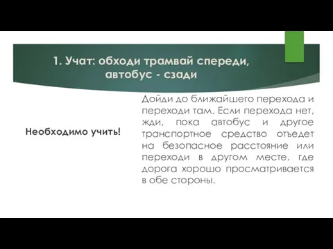 1. Учат: обходи трамвай спереди, автобус - сзади Необходимо учить! Дойди