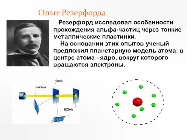 Резерфорд исследовал особенности прохождения альфа-частиц через тонкие металлические пластинки. На основании