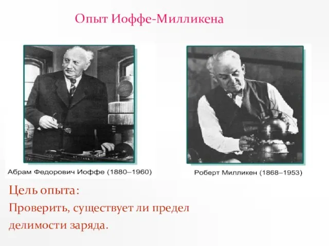 Опыт Иоффе-Милликена Цель опыта: Проверить, существует ли предел делимости заряда.