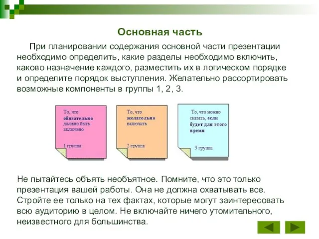 Основная часть При планировании содержания основной части презентации необходимо определить, какие