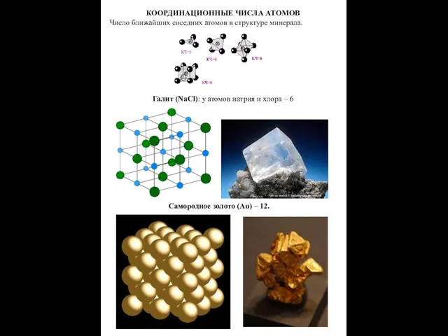 КООРДИНАЦИОННЫЕ ЧИСЛА АТОМОВ Число ближайших соседних атомов в структуре минерала. Галит