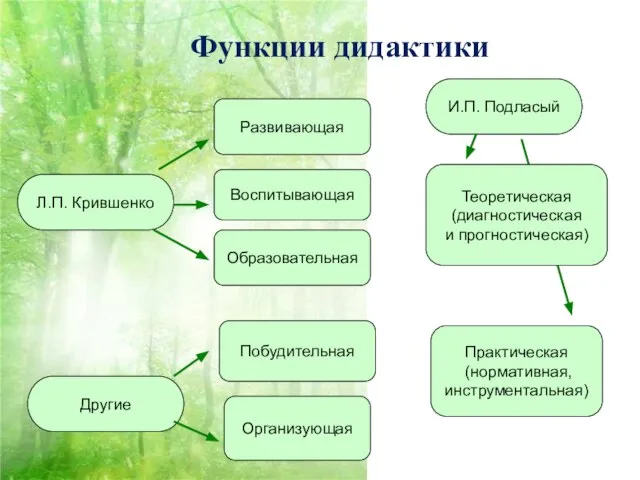 Функции дидактики Л.П. Крившенко Образовательная Развивающая Воспитывающая Практическая (нормативная, инструментальная) И.П.