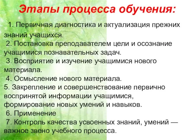 Этапы процесса обучения: 1. Первичная диагностика и актуализация прежних знаний учащихся.