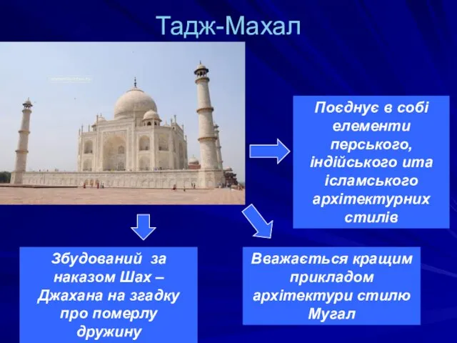 Тадж-Махал Збудований за наказом Шах – Джахана на згадку про померлу