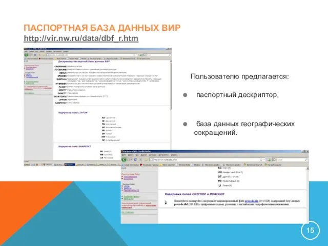 ПАСПОРТНАЯ БАЗА ДАННЫХ ВИР http://vir.nw.ru/data/dbf_r.htm Пользователю предлагается: паспортный дескриптор, база данных географических сокращений.