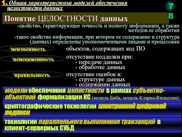 1. Общая характеристика моделей обеспечения целостности данных Понятие ЦЕЛОСТНОСТИ данных свойство,