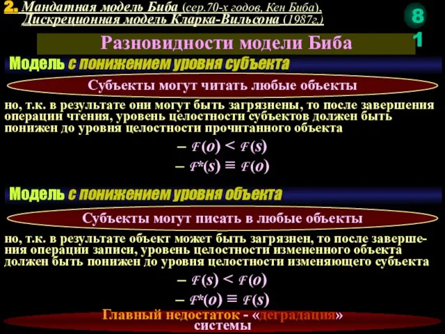 Разновидности модели Биба Модель с понижением уровня субъекта Субъекты могут читать