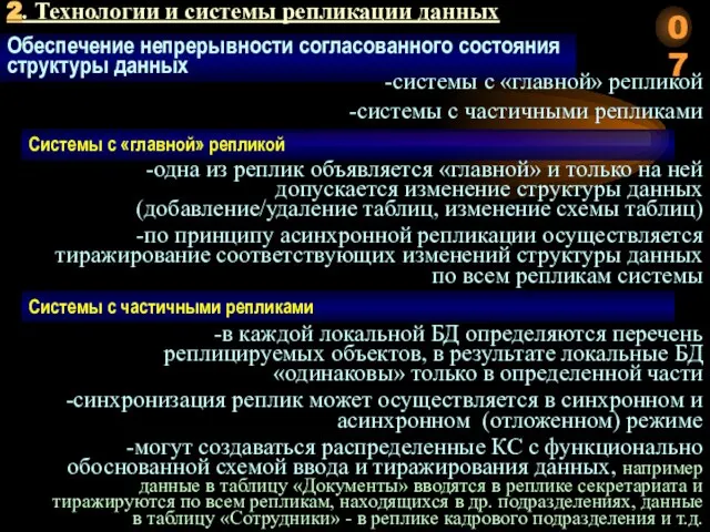 2. Технологии и системы репликации данных Обеспечение непрерывности согласованного состояния структуры