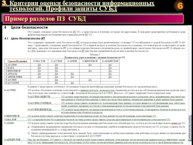 3. Критерии оценки безопасности информационных технологий. Профили защиты СУБД Пример разделов ПЗ СУБД