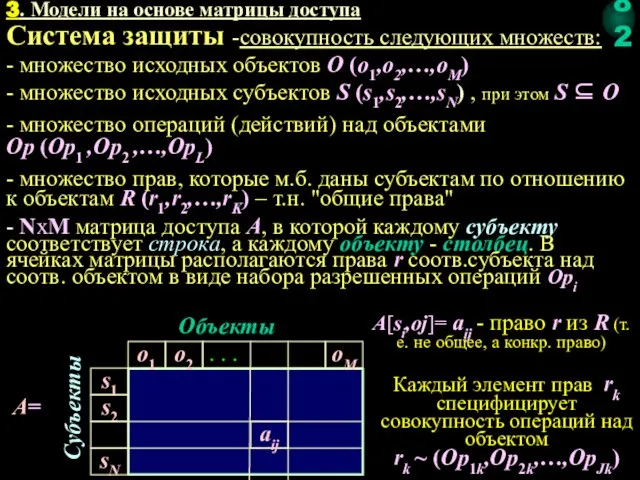 3. Модели на основе матрицы доступа Система защиты -совокупность следующих множеств: