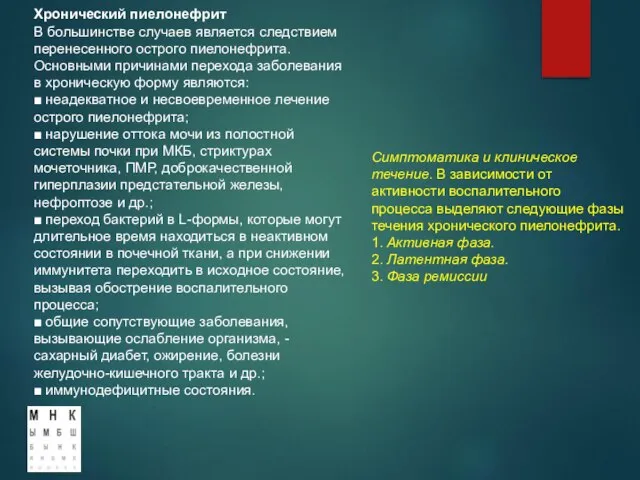 Хронический пиелонефрит В большинстве случаев является следствием перенесенного острого пиелонефрита. Основными