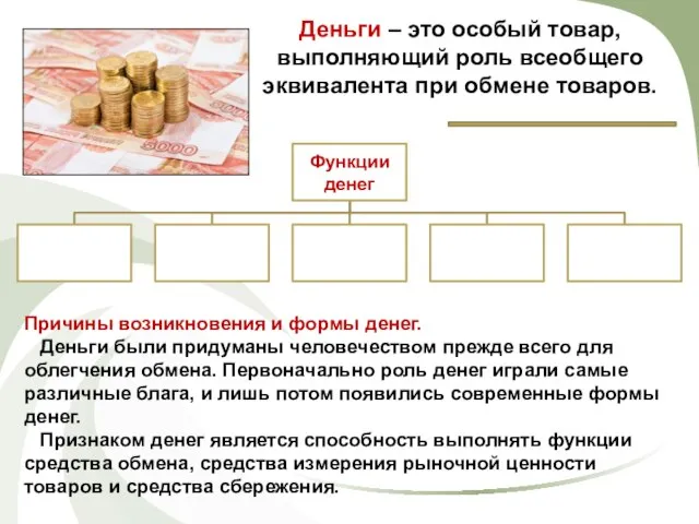 Деньги – это особый товар, выполняющий роль всеобщего эквивалента при обмене