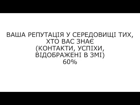 ВАША РЕПУТАЦІЯ У СЕРЕДОВИЩІ ТИХ, ХТО ВАС ЗНАЄ (КОНТАКТИ, УСПІХИ, ВІДОБРАЖЕНІ В ЗМІ) 60%