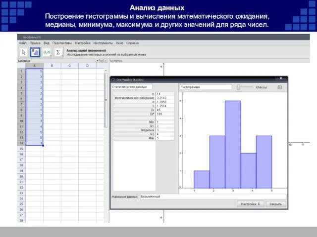 Анализ данных Построение гистограммы и вычисления математического ожидания, медианы, минимума, максимума