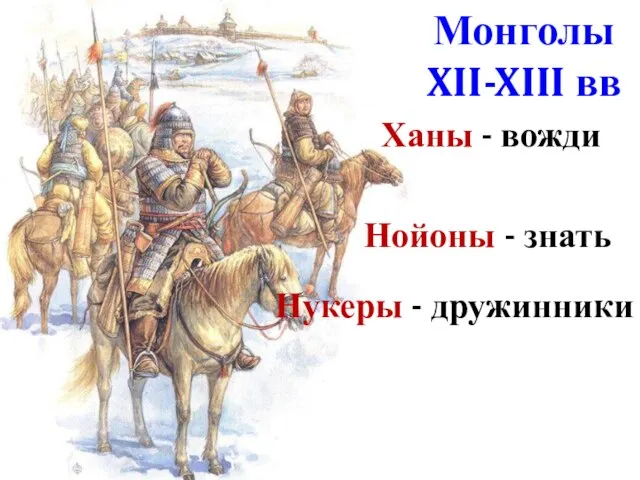 Монголы XII-XIII вв Ханы - вожди Нойоны - знать Нукеры - дружинники