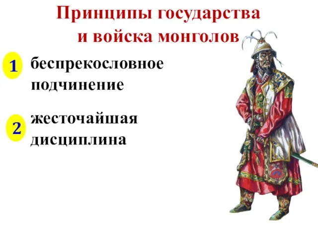 Принципы государства и войска монголов беспрекословное подчинение жесточайшая дисциплина 1 2