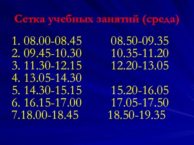 Сетка учебных занятий (среда) 1. 08.00-08.45 08.50-09.35 2. 09.45-10.30 10.35-11.20 3.