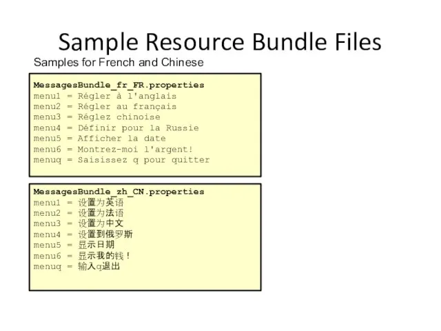 Sample Resource Bundle Files Samples for French and Chinese MessagesBundle_fr_FR.properties menu1