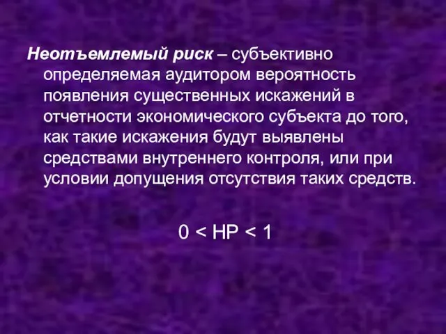 Неотъемлемый риск – субъективно определяемая аудитором вероятность появления существенных искажений в